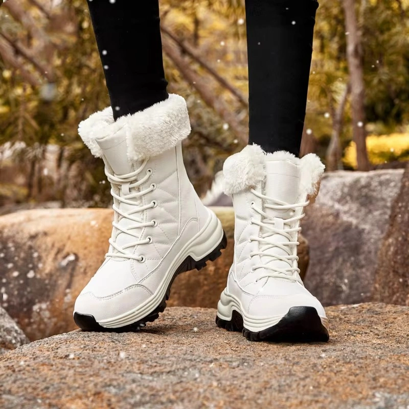 High Quality Waterproof Leather Upper Flat Snow Boots Coarse Texture Non-slip MD Bottom Boots for Women Black White Fashion