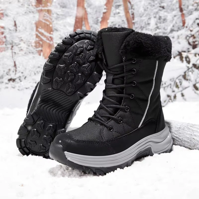 High Quality Waterproof Leather Upper Flat Snow Boots Coarse Texture Non-slip MD Bottom Boots for Women Black White Fashion