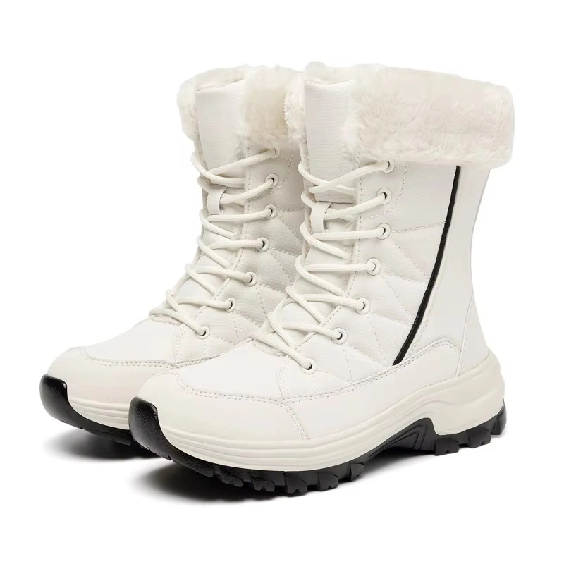 High Quality Waterproof Leather Upper Flat Snow Boots Coarse Texture Non-slip MD Bottom Boots for Women Black White Fashion