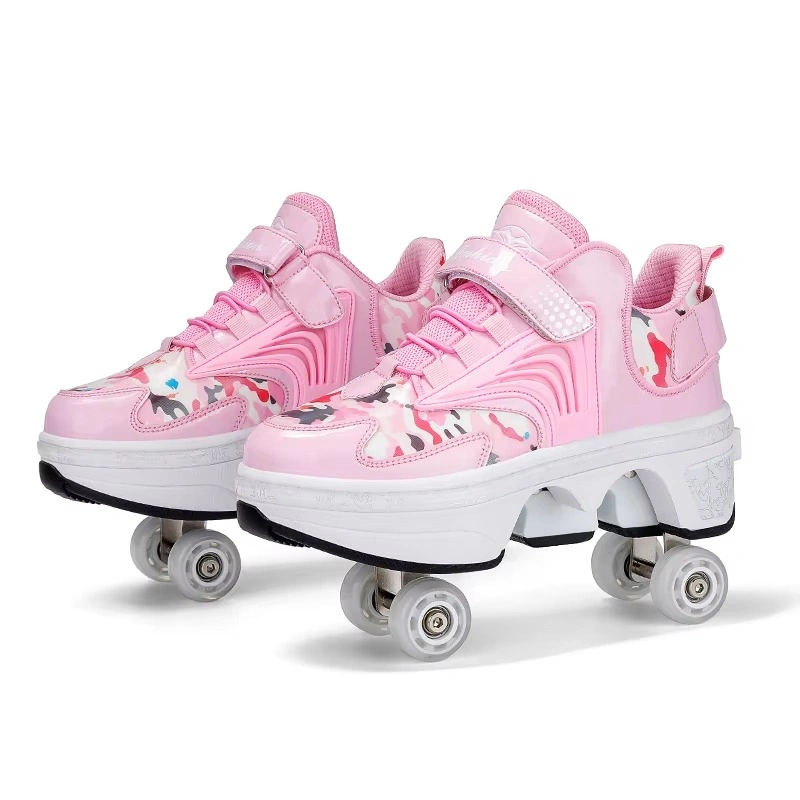 Adjustable 4 Wheel Kids Roller Skate Shoes Retractable Kick Wheels