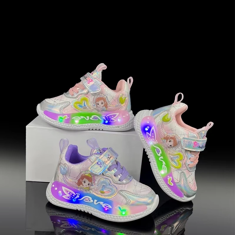 Girls Cartoon Princess Chunky Casual Shoes LED Light Sports